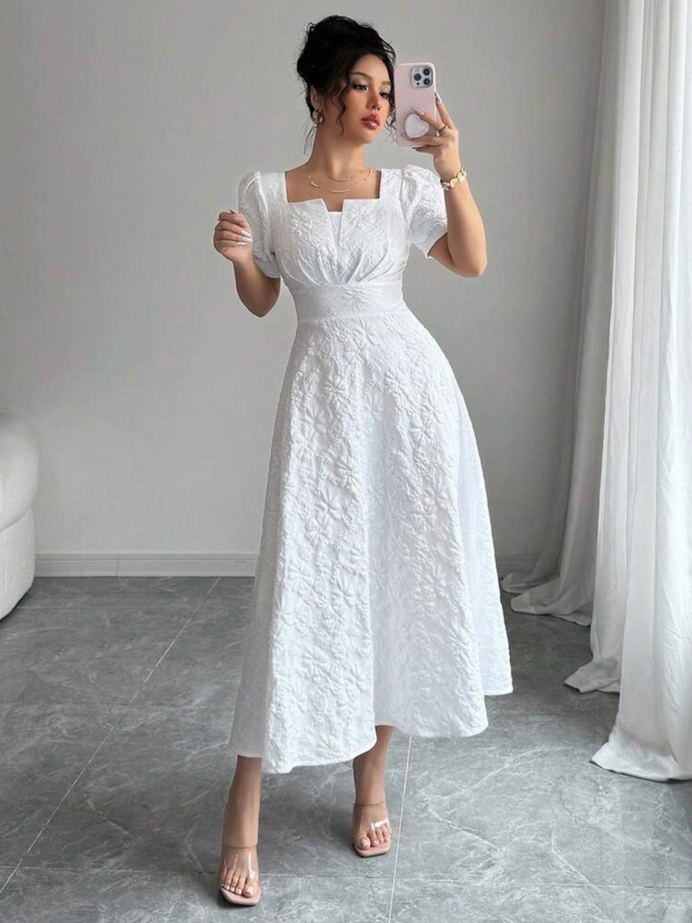 Rafferiza Women Floral Jacquard Square Collar Puff Sleeve Elegant Dress